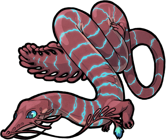 A red salamander with a long snout, glowig cyan stripes, and whiskers.