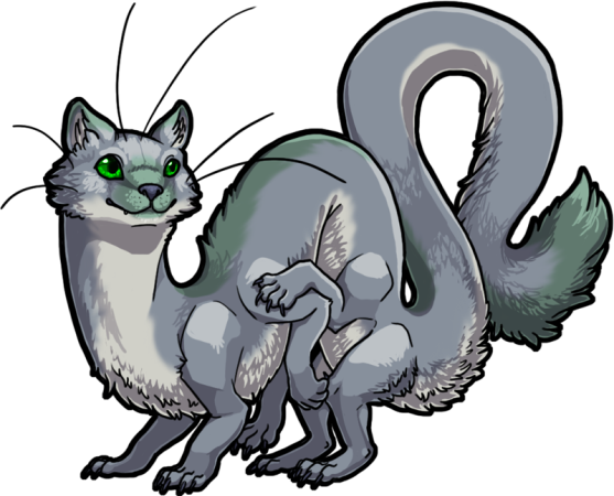 An eight-legged weasel with an elongated body standing with its back arched. It has silver fur with a green-tinted blaze and green eyes.